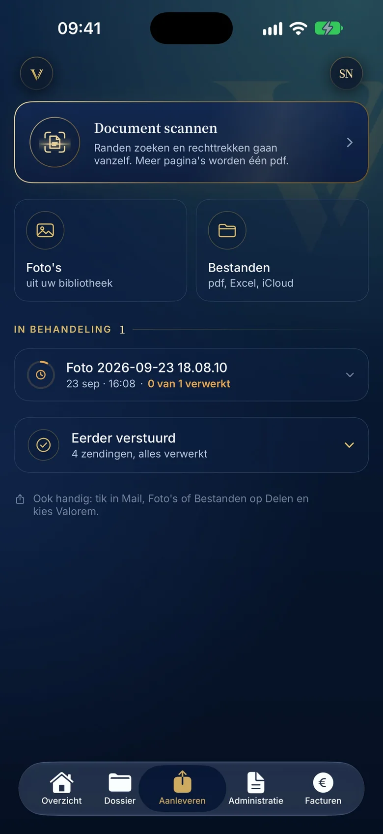 Aanleveren in de Valorem-app met document scannen, foto's en bestanden
