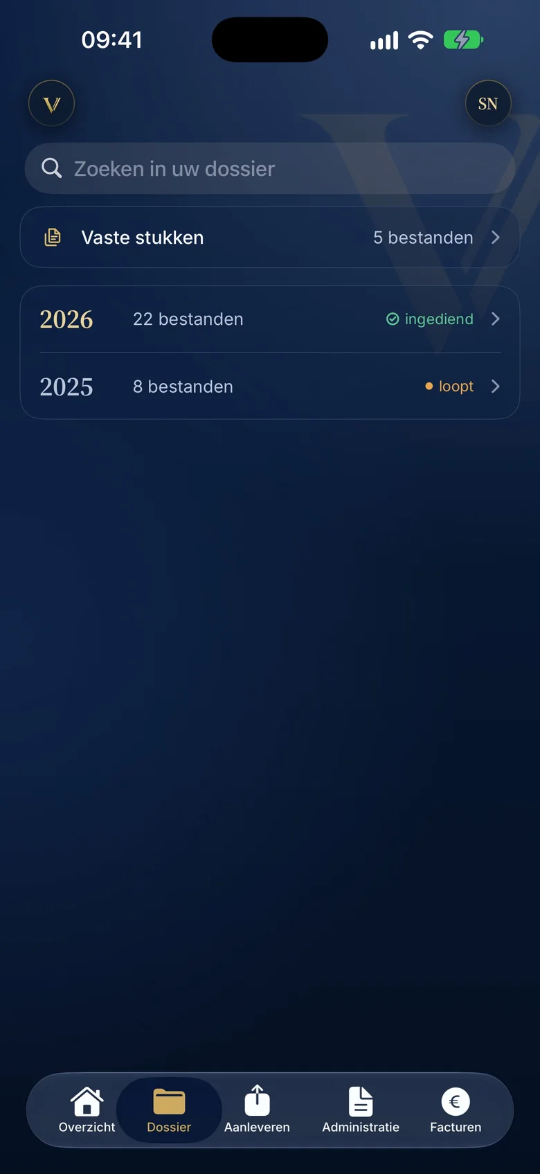 Het dossier in de Valorem-app met vaste stukken en de jaren met btw en inkomstenbelasting