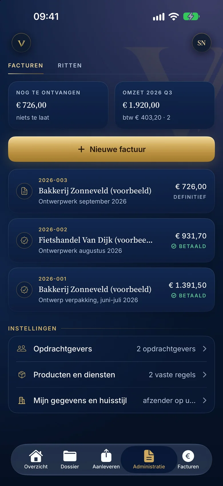 Facturen maken in de Valorem-app met een overzicht van verstuurde en openstaande facturen