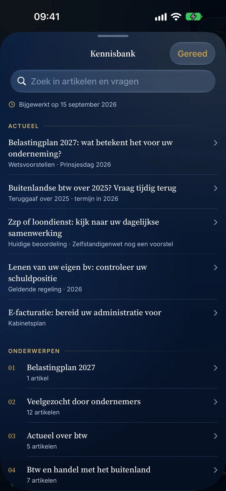De kennisbank in de Valorem-app met actuele artikelen en onderwerpen