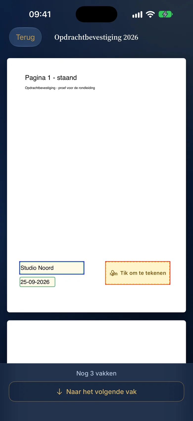 Een document ondertekenen in de Valorem-app met gele vakken voor de handtekening
