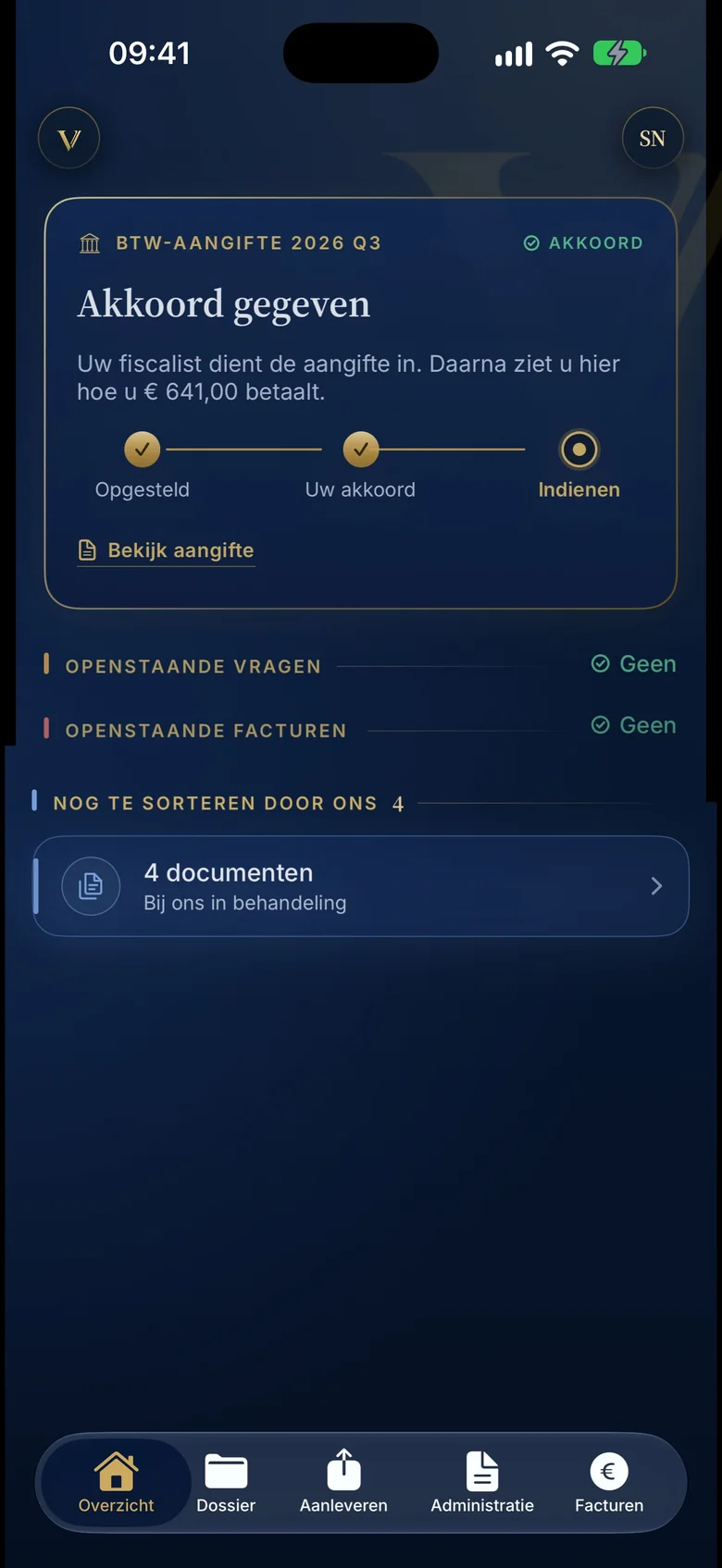 Het overzicht in de Valorem-app met openstaande taken en een btw-aangifte klaar voor akkoord