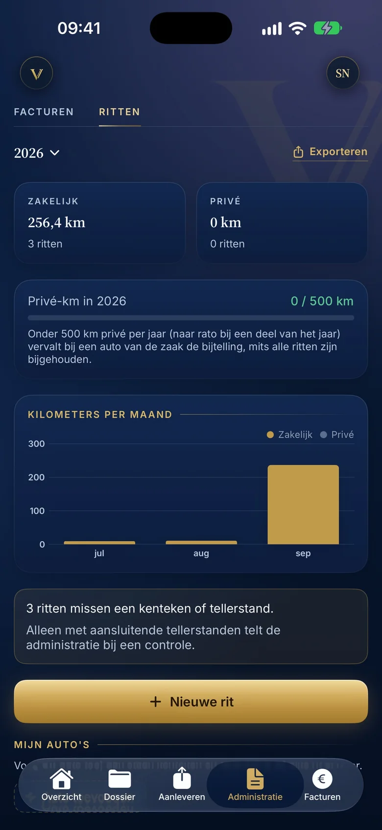 De rittenregistratie in de Valorem-app met gereden ritten en de kilometers per rit